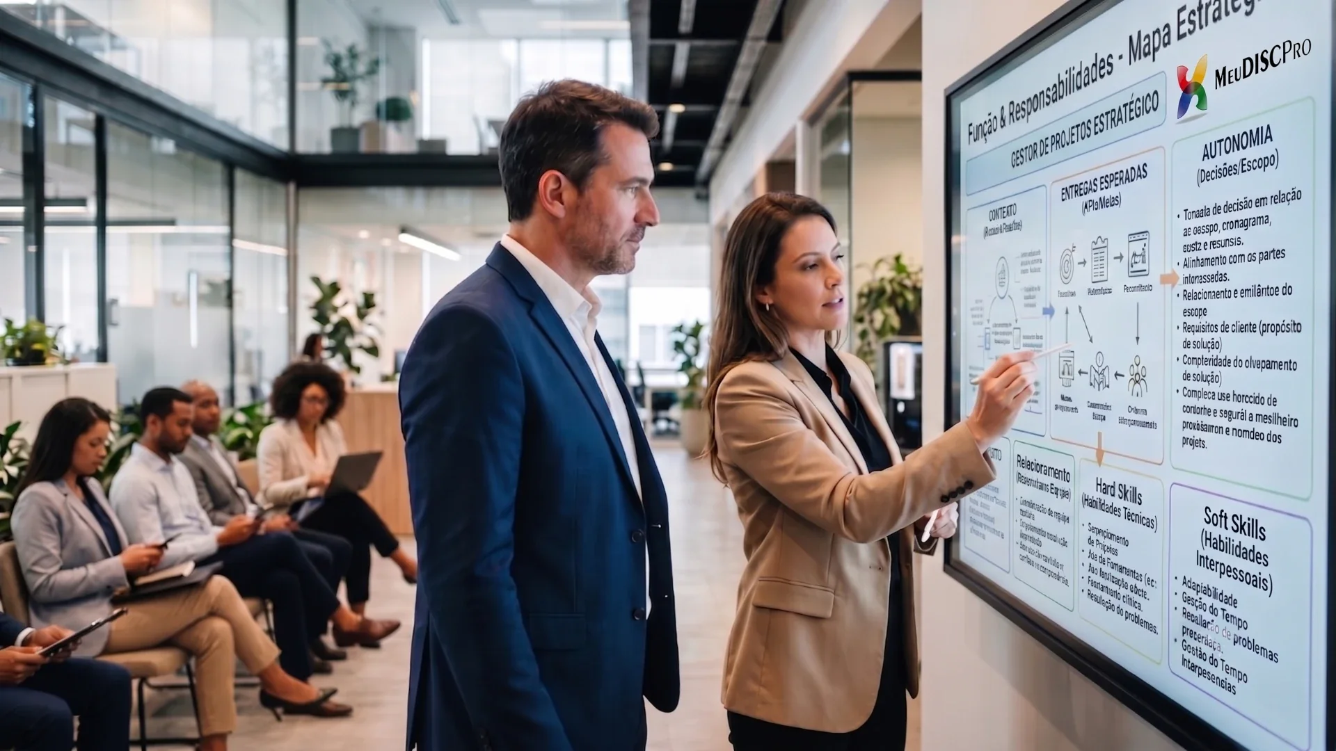 RH e gestor analisam mapa estratégico de vaga em painel digital com critérios, contexto e soft skills da função.