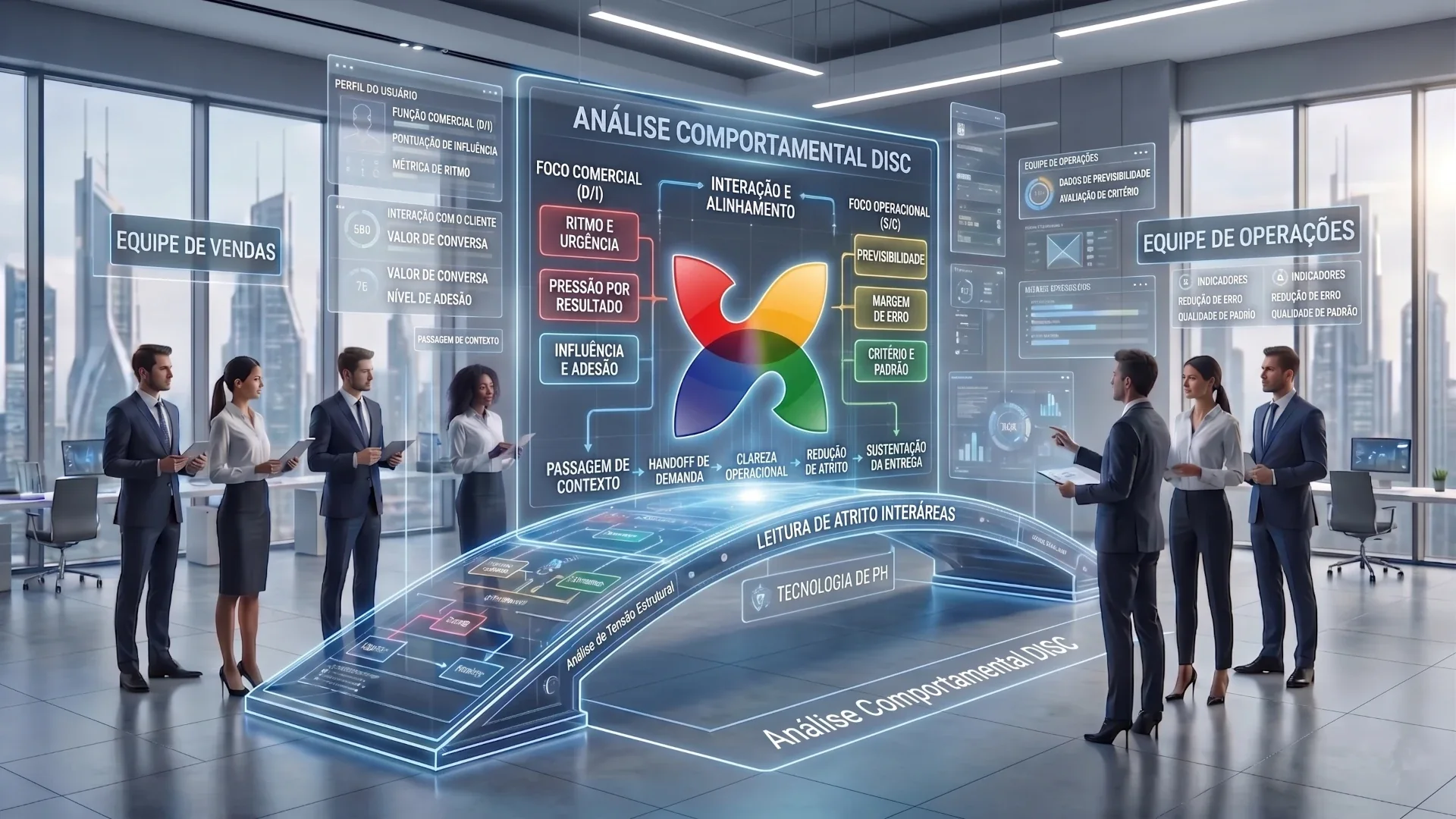 Comercial e operação alinhando handoff, prazos e processos com apoio de inteligência comportamental DISC em dashboard corporativo