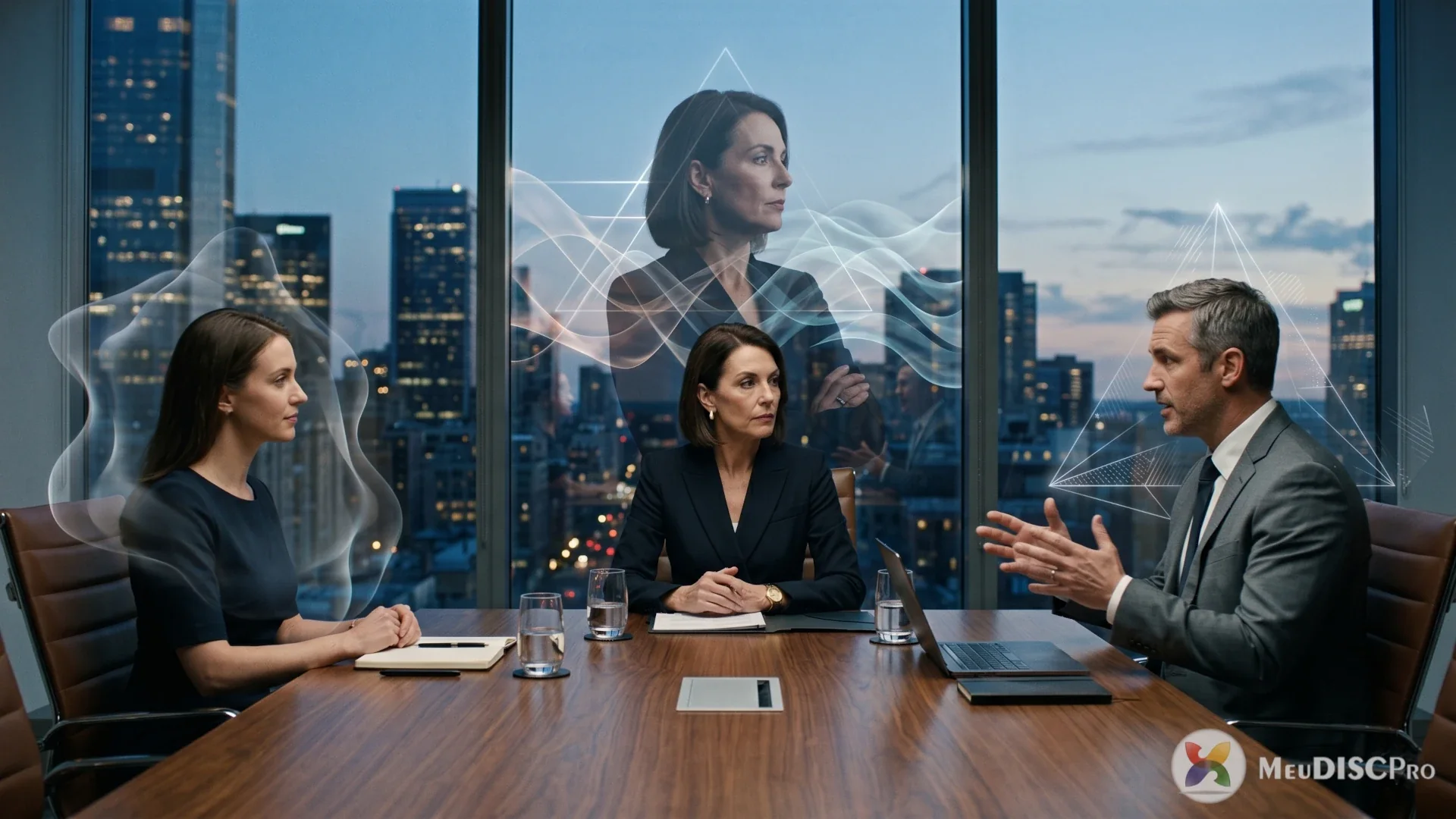 Reunião corporativa com leitura simultânea de comportamento e dinâmica emocional em contexto de decisão