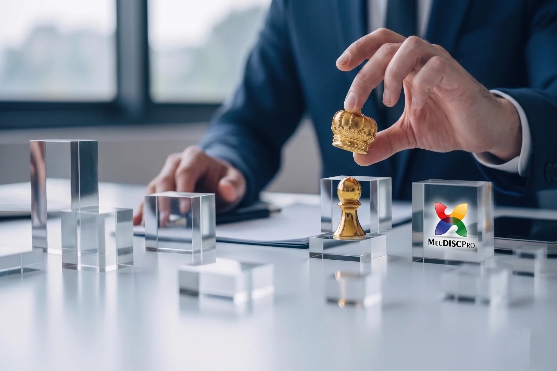 Liderança avaliando sucessão com coroa sobre peça estratégica, indicando decisão sob risco com apoio do DISC (MeuDISCPro)