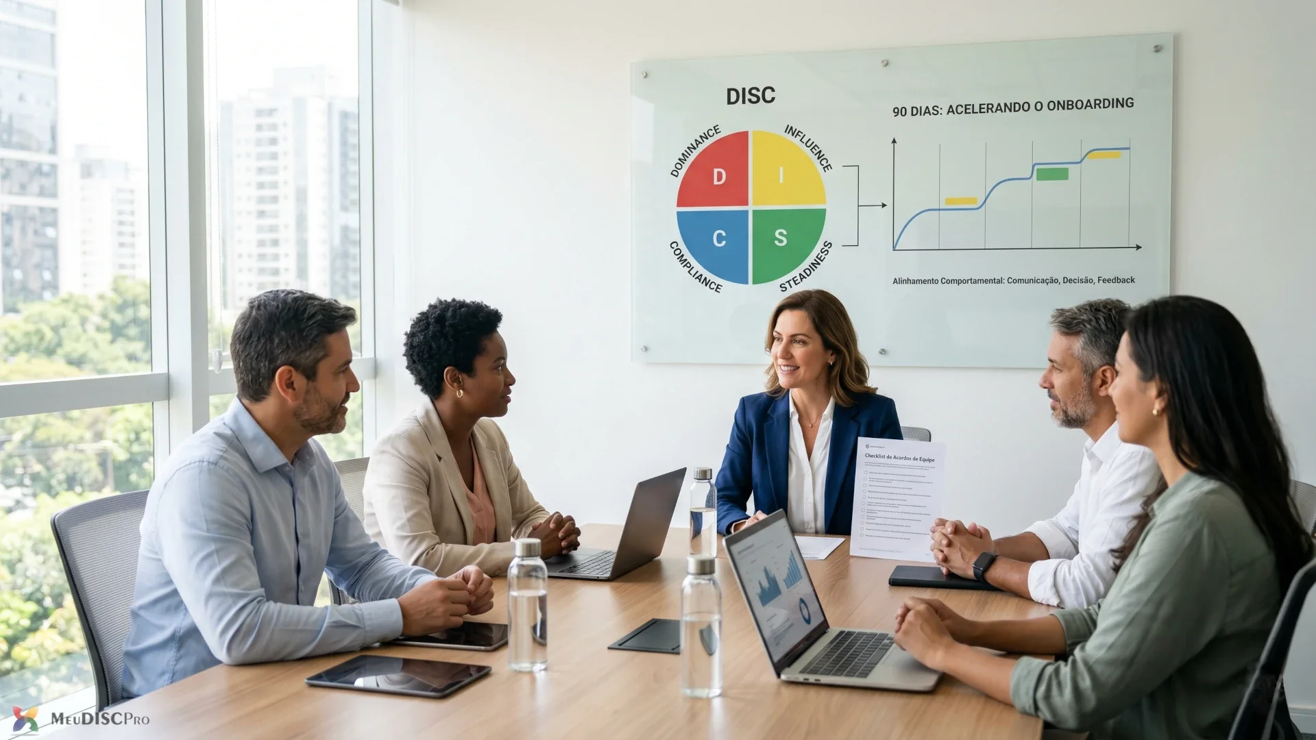 Gestor em onboarding alinhando expectativas com equipe usando lente DISC