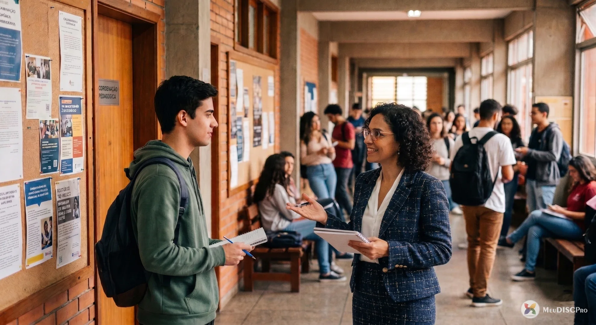 Orientadora acadêmica conversando com estudante sobre escolhas de estudo e comportamento