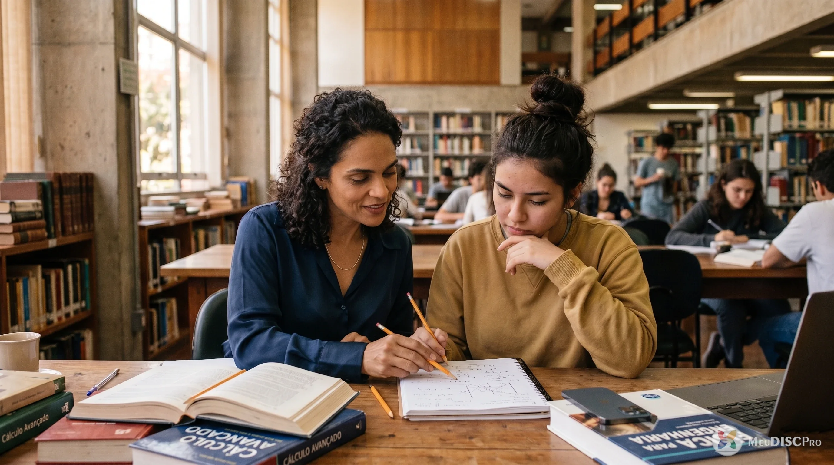 Educadora orientando estudante em ambiente acadêmico durante atividade de acompanhamento individual