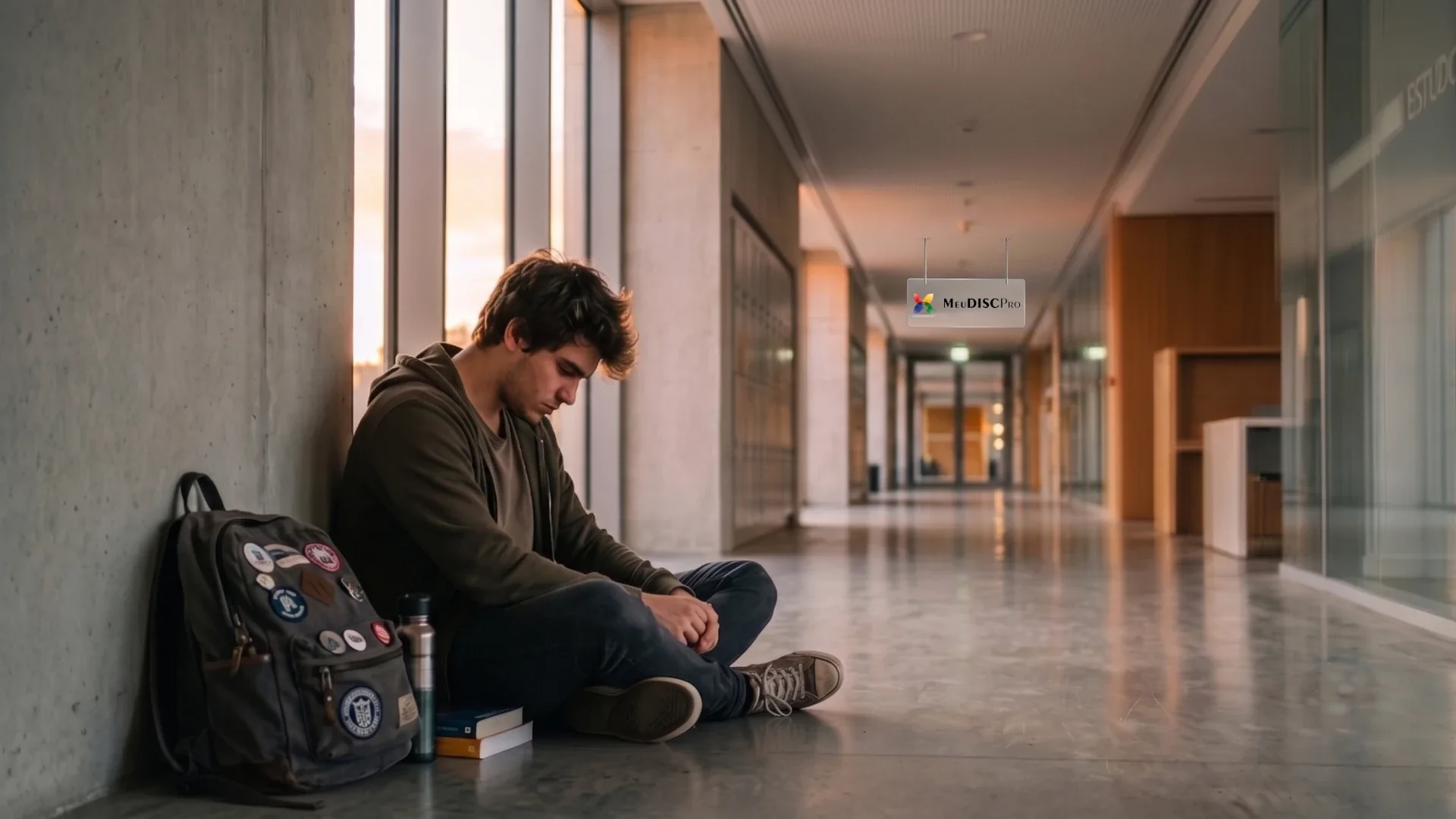 Estudante universitário sentado sozinho em corredor vazio, simbolizando o isolamento que antecede a evasão universitária.