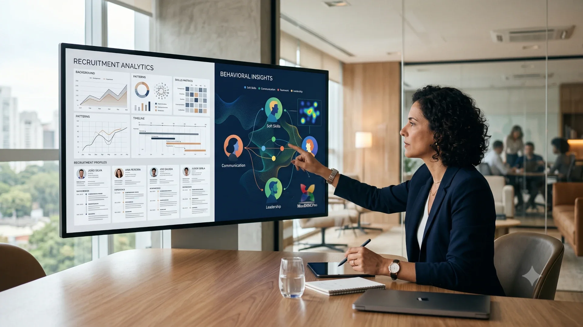 Gestor de RH de pequena empresa analisando painel de dados comportamentais em um painel de plataforma de IA.