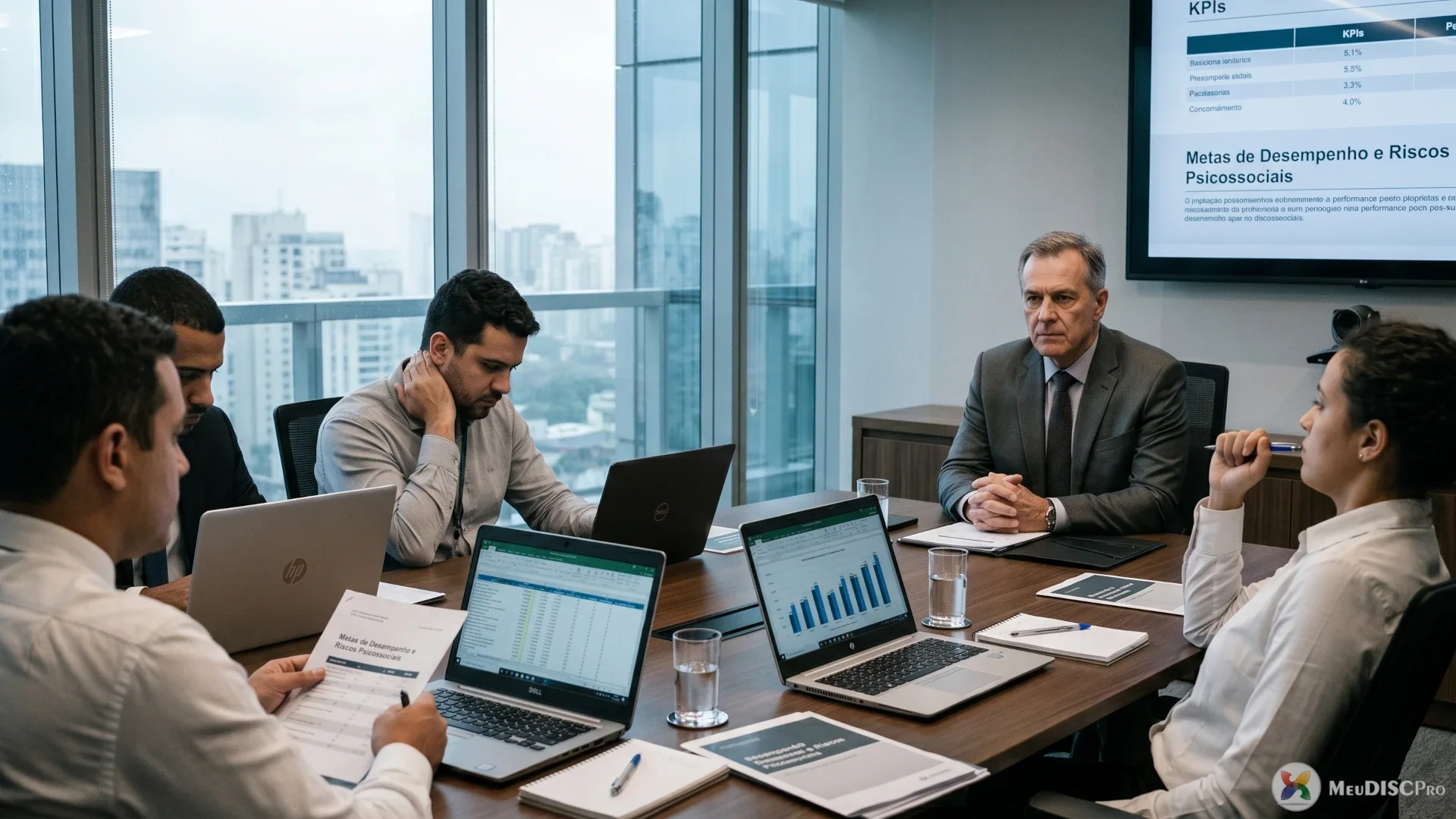 Líder e equipe analisando metas, desempenho e riscos psicossociais em reunião corporativa