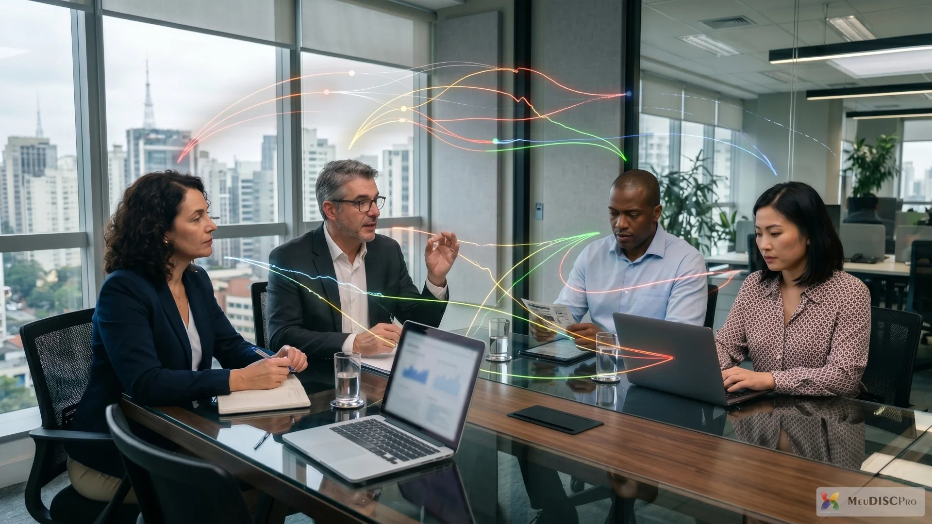Reunião de equipe com análise de dados comportamentais e dinâmicas de comunicação para decisões de RH mais estratégicas