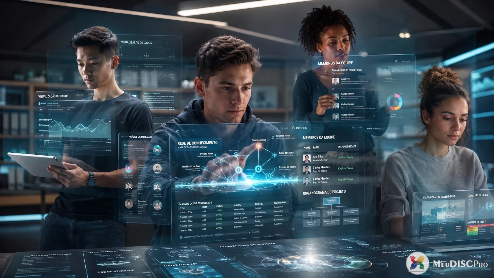 Grupo de estudantes utilizando uma plataforma digital de aprendizagem com gráficos e indicadores de progresso exibidos em painéis virtuais.