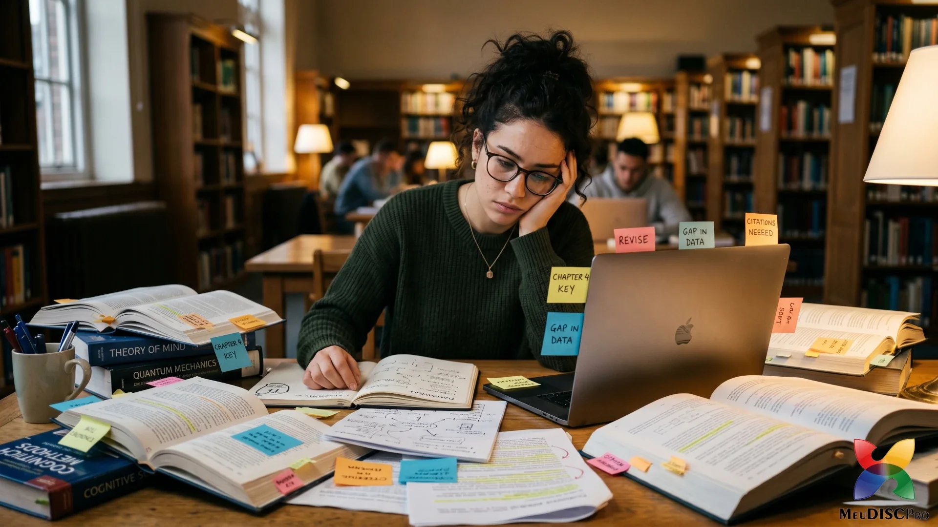 Estudante em frente ao computador com livros abertos, refletindo sobre procrastinação acadêmica e comportamento.