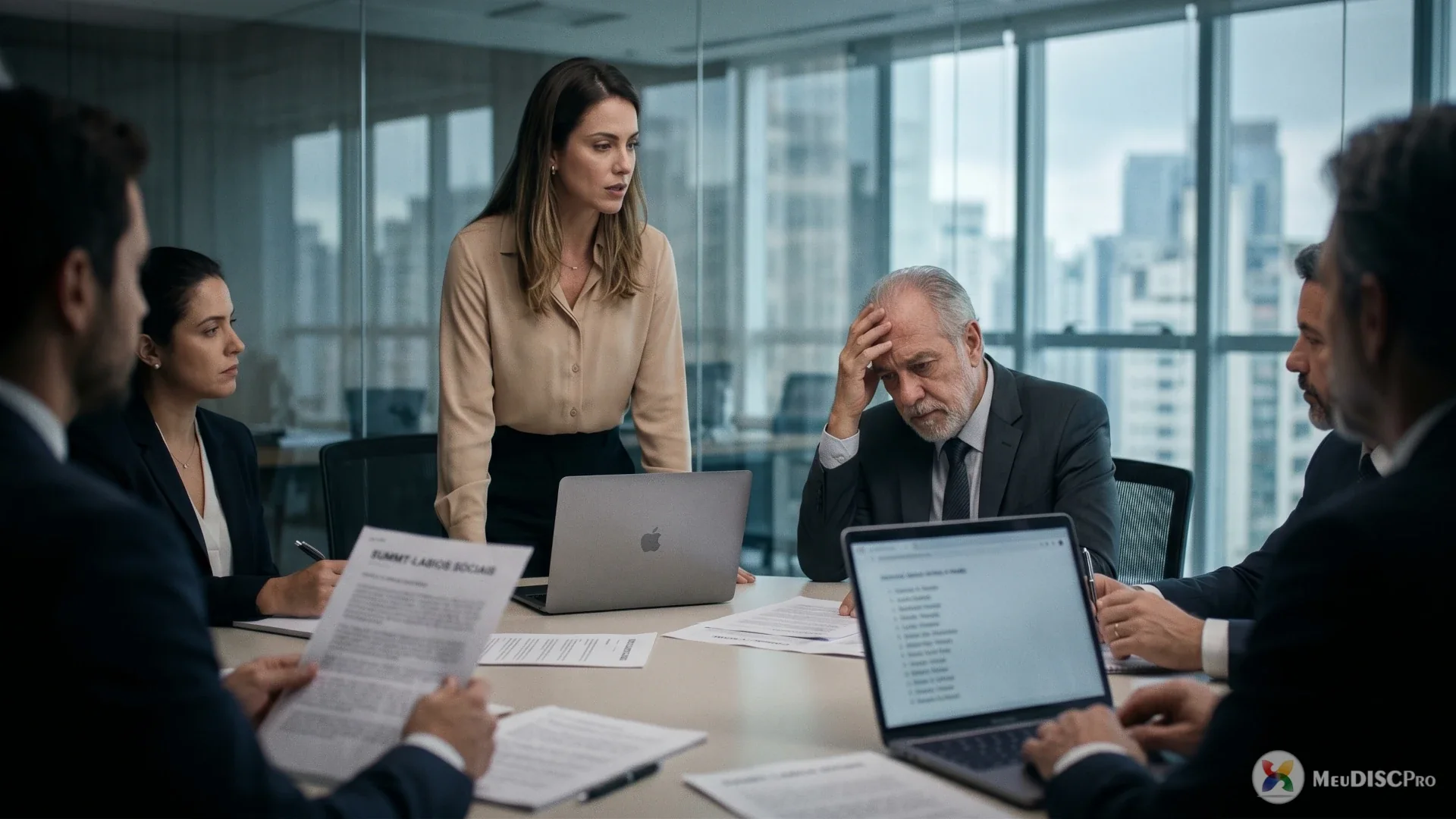 Profissionais de RH e liderança em reunião sob pressão sobre saúde mental e riscos psicossociais no trabalho
